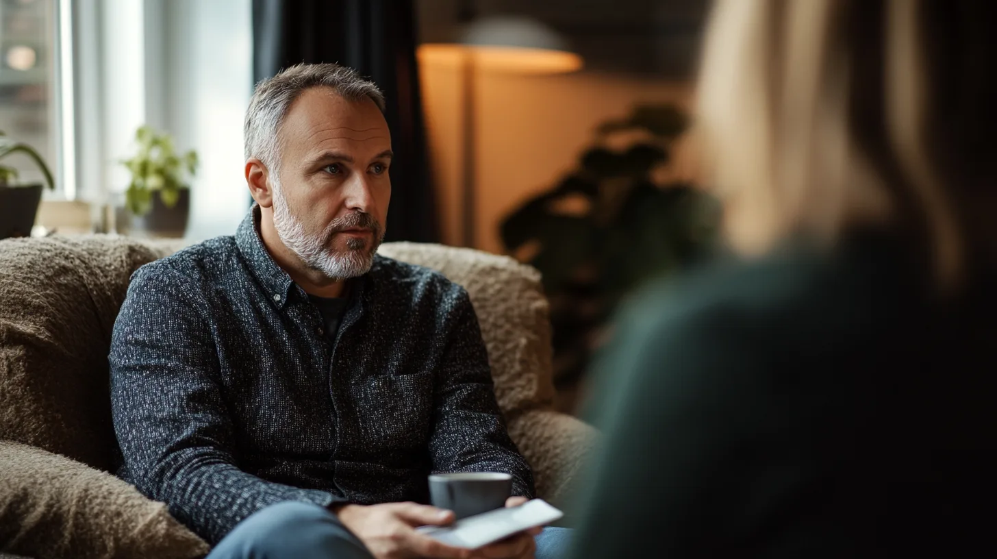 Midcent: En man i samtal på ett kontor, omgiven av växter och mjuka möbler, vilket skapar en lugn och harmonisk atmosfär. Hemtrevligt och fokuserat. Kategori: Hälsa.