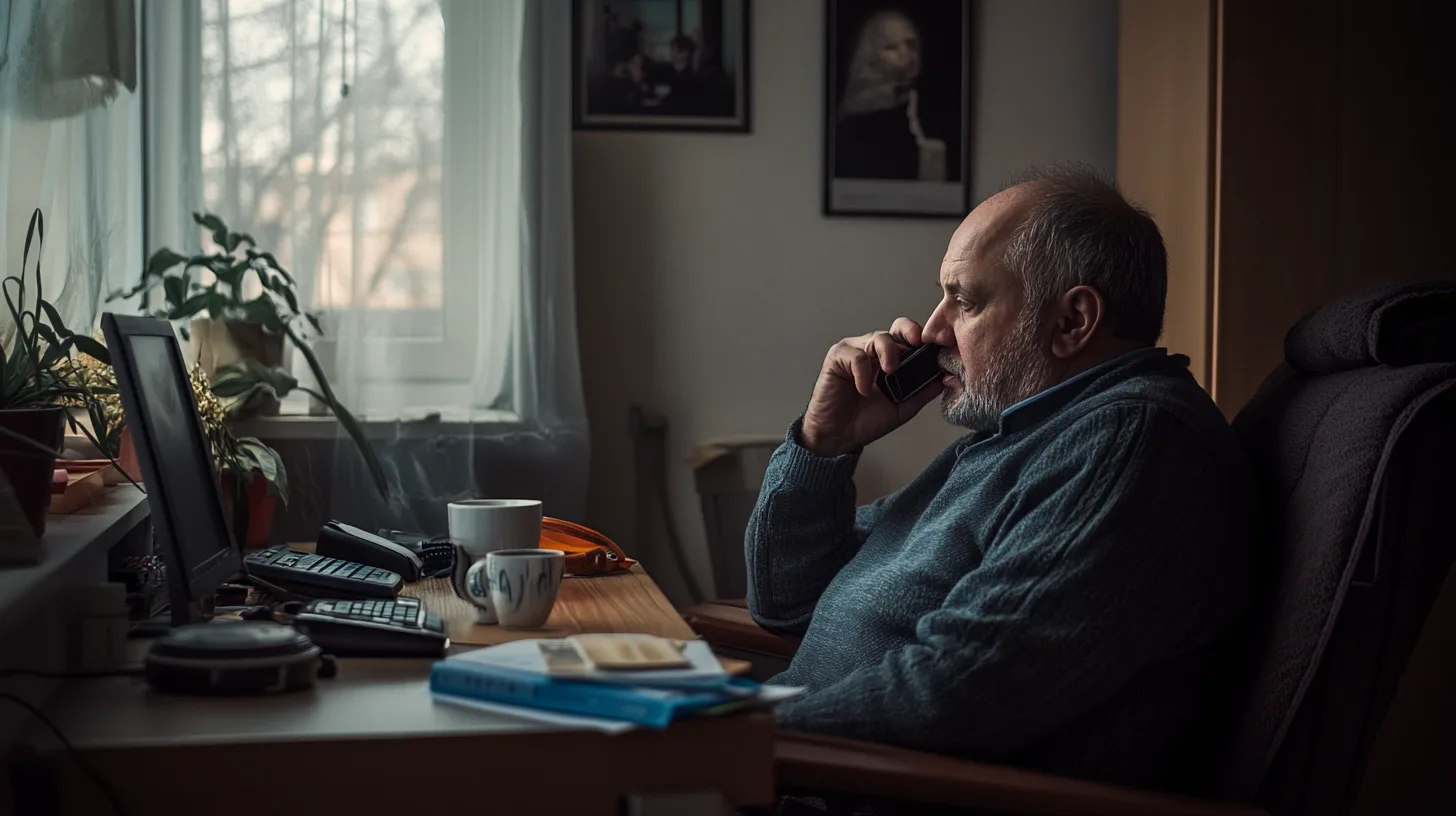 En man sitter fokuserat framför en dator vid sitt skrivbord och pratar i telefon. Omgiven av växter och böcker skapar han en produktiv hemmakontorsmiljö. Perfekt för distansarbete och digital kommunikation. Midcent. Kategori: Ekonomi.
