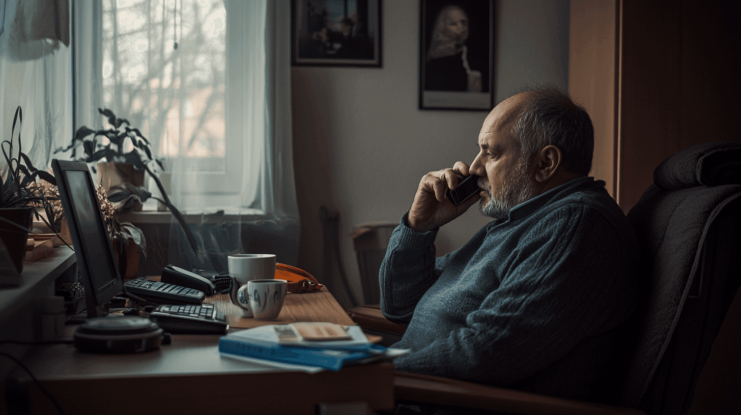 En man sitter fokuserat framför en dator vid sitt skrivbord och pratar i telefon. Omgiven av växter och böcker skapar han en produktiv hemmakontorsmiljö. Perfekt för distansarbete och digital kommunikation. Midcent. Kategori: Ekonomi.