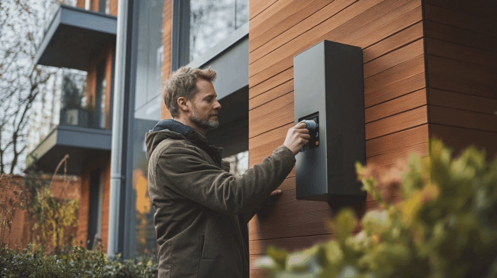 Man laddar elbil med modern ev-laddare utomhus, mot en snygg träfasad i urban miljö. Fokus på hållbarhet och innovativ teknik i vardagen. Midcent. Kategori: Teknik.