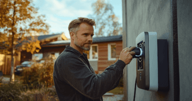 Man kopplar in en elbilsladdare på husvägg i höstlig miljö. Innovativ teknik för framtidens hållbara transporter. Modernt och effektivt. Midcent: Teknik.