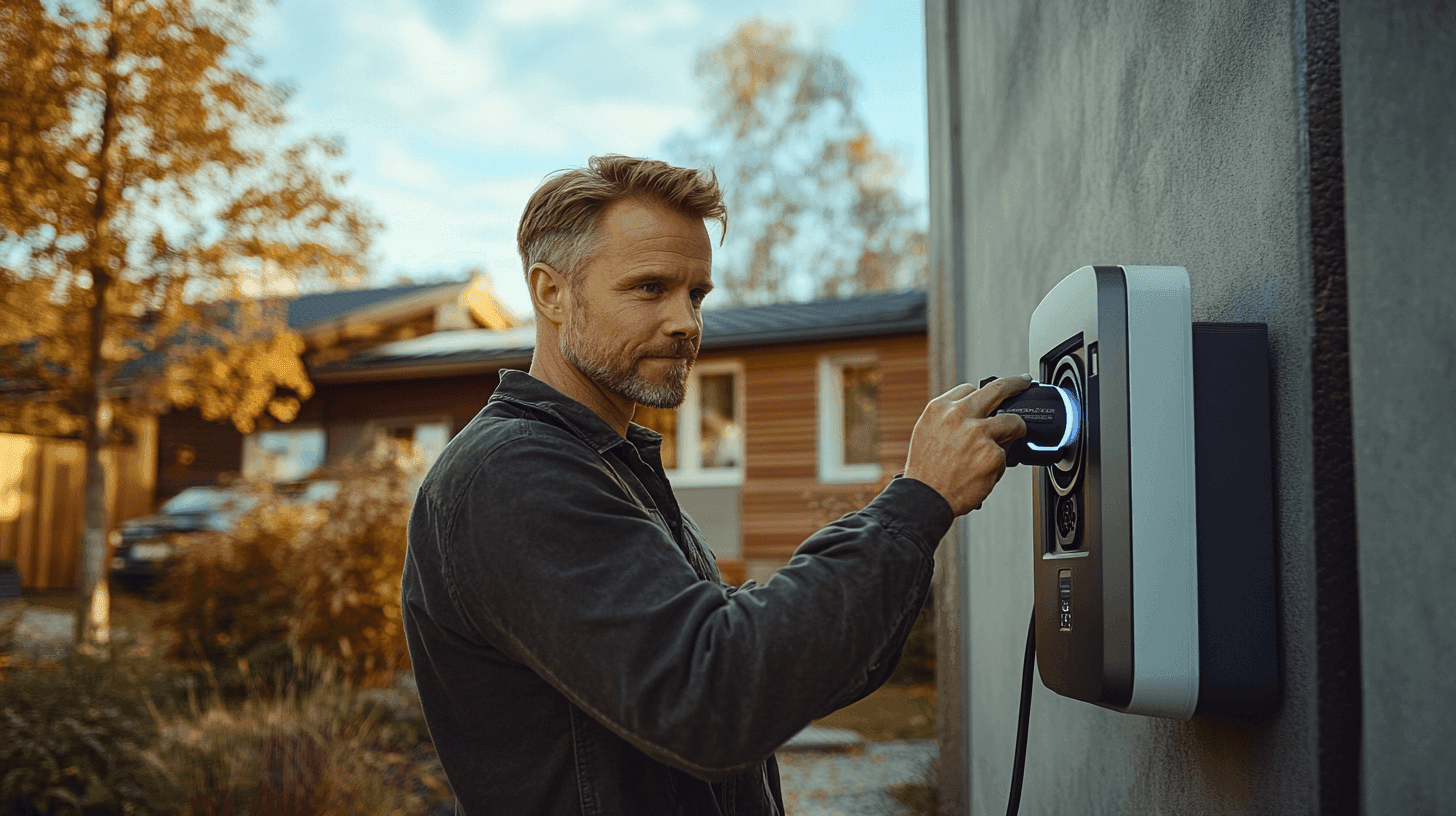 Man kopplar in en elbilsladdare på husvägg i höstlig miljö. Innovativ teknik för framtidens hållbara transporter. Modernt och effektivt. Midcent: Teknik.