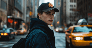 Midcent fångar en urban miljö med en person klädd i avslappnad stil, omgiven av taxibilar och höga byggnader. Perfekt för att illustrera modern stadsstil. Kategori: Samhälle.