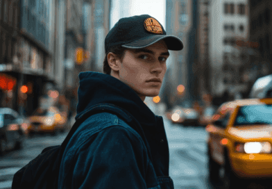 Midcent fångar en urban miljö med en person klädd i avslappnad stil, omgiven av taxibilar och höga byggnader. Perfekt för att illustrera modern stadsstil. Kategori: Samhälle.