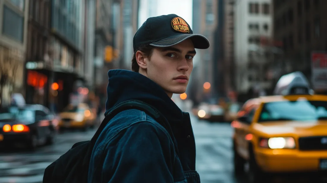 Midcent fångar en urban miljö med en person klädd i avslappnad stil, omgiven av taxibilar och höga byggnader. Perfekt för att illustrera modern stadsstil. Kategori: Samhälle.