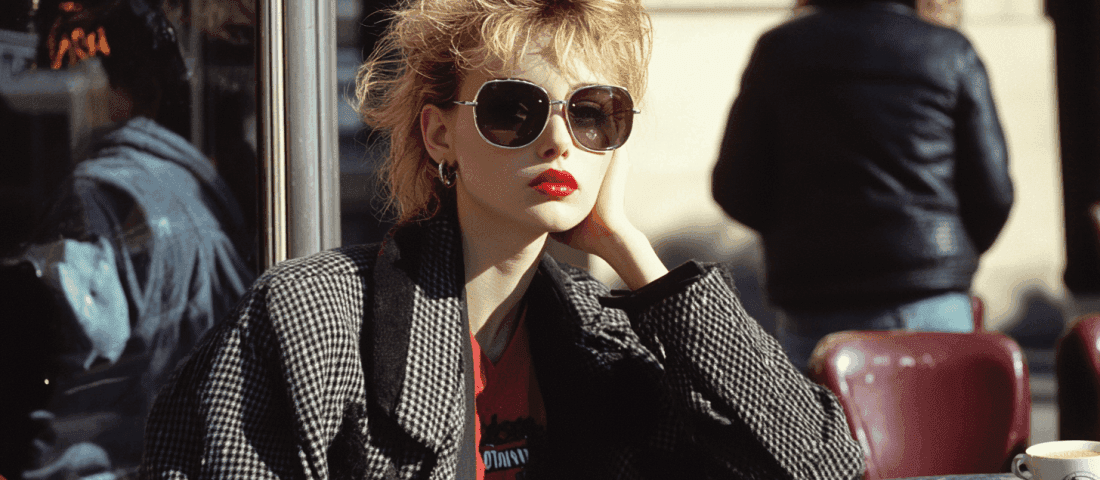 Midcent: En stilfull tidlös bild av en kvinna i retroinspirerade solglasögon och röd läppstift, sittandes på ett kafé. Perfekt för modeälskare och de som söker vintageinspiration. Kategori: Underhållning.