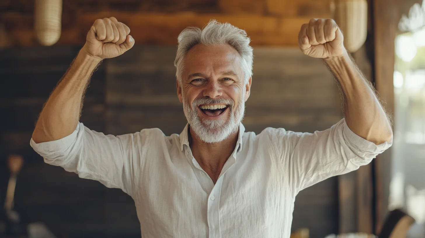 Midcent: En glad, vitklädd man sträcker upp armarna i triumf, omgiven av träinredning. Positiv energi och livsglädje uttrycks i hans ansikte, vilket ger en känsla av framgång och motivation.Kategori: Underhållning.