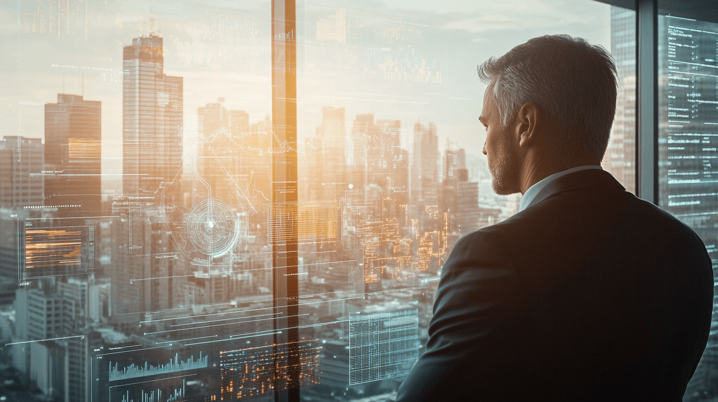 Midcent: En professionell affärsman i kostym ser ut över en stads silhuett, immerserad i digital analys av data och innovativa teknologiska lösningar. Framtidsinriktat och strategiskt perspektiv. Kategori: Ekonomi.