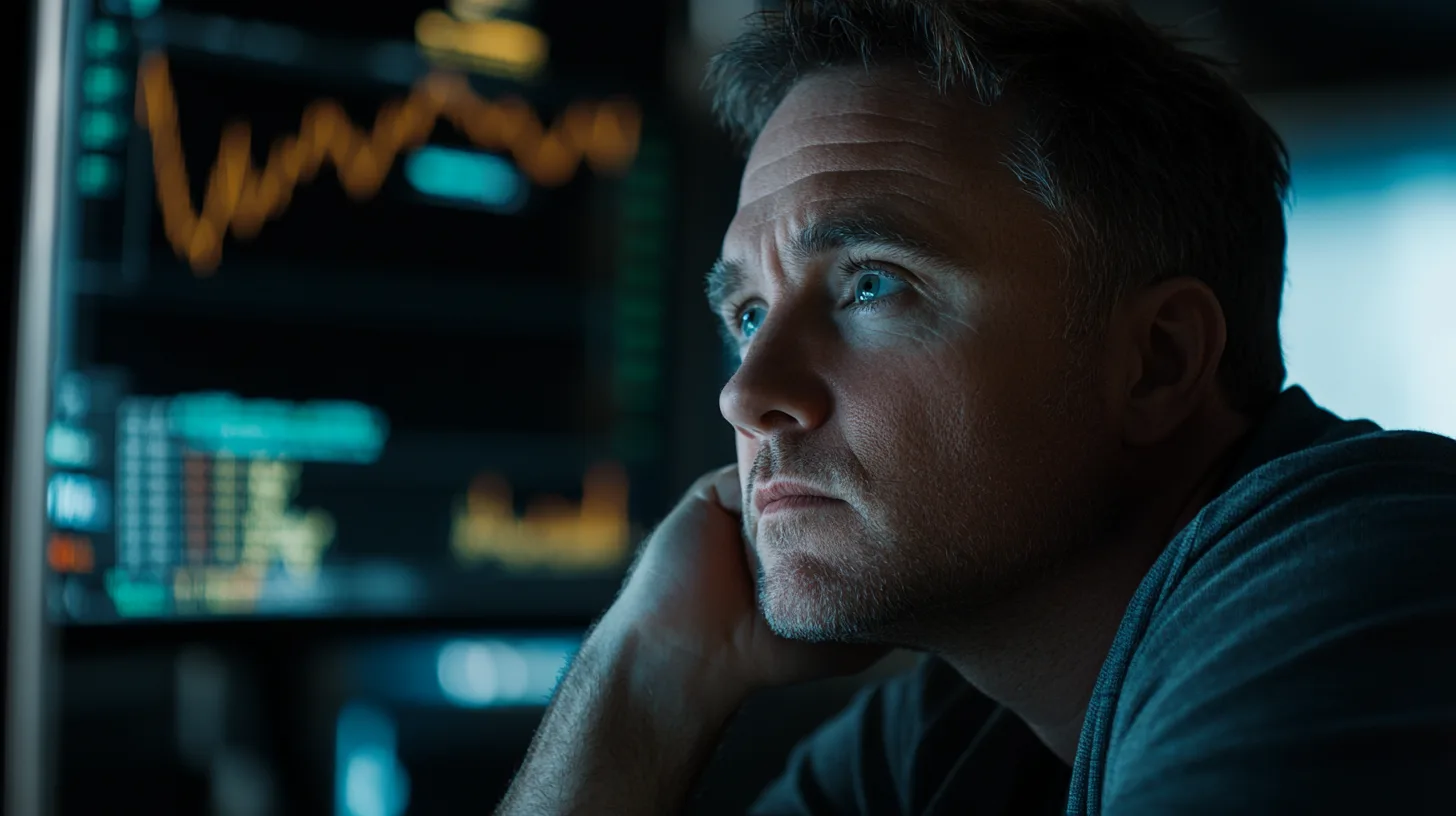 Midcent EkonomiBild på fundersam man som analyserar finansdata på skärm. Perfekt för artiklar om aktiemarknadsstrategier, ekonomisk analys och investeringsbeslut. Djupt fokus på ansikte och grafer skapar en insiktsfull atmosfär inom finansvärlden.