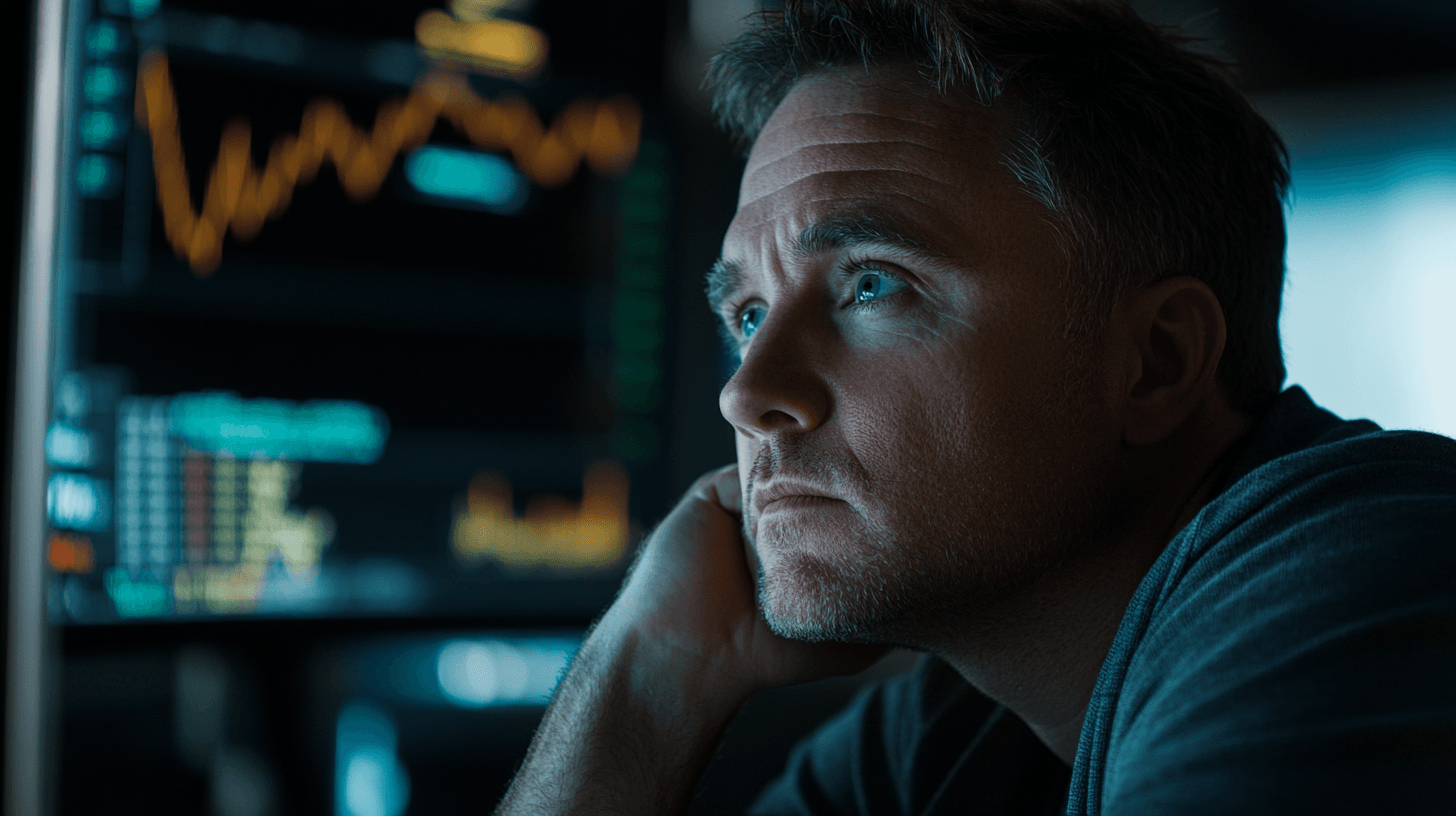 Midcent EkonomiBild på fundersam man som analyserar finansdata på skärm. Perfekt för artiklar om aktiemarknadsstrategier, ekonomisk analys och investeringsbeslut. Djupt fokus på ansikte och grafer skapar en insiktsfull atmosfär inom finansvärlden.