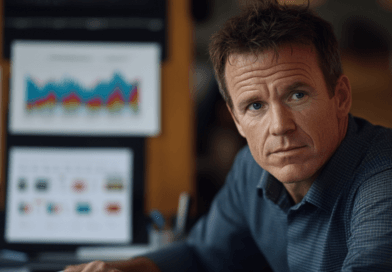 Midcent presenterar en fokuserad professionell miljö, där en man analyserar detaljerade grafer och statistik. Bilden förmedlar en känsla av beslutsfattande och strategisk planering. Ekonomi.