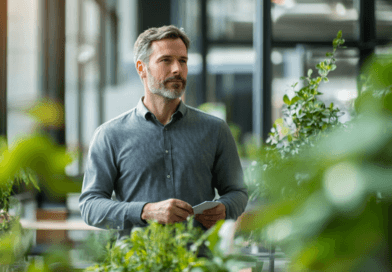 Midcent: En man står tankfullt omgiven av grönska i ett modernt växthus. Lush vegetation skapar en känsla av harmoni och natur. Perfekt för att illustrera hållbarhet och gröna utrymmen. Kategori: Hälsa.