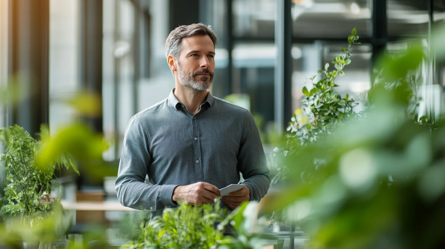 Midcent: En man står tankfullt omgiven av grönska i ett modernt växthus. Lush vegetation skapar en känsla av harmoni och natur. Perfekt för att illustrera hållbarhet och gröna utrymmen. Kategori: Hälsa.