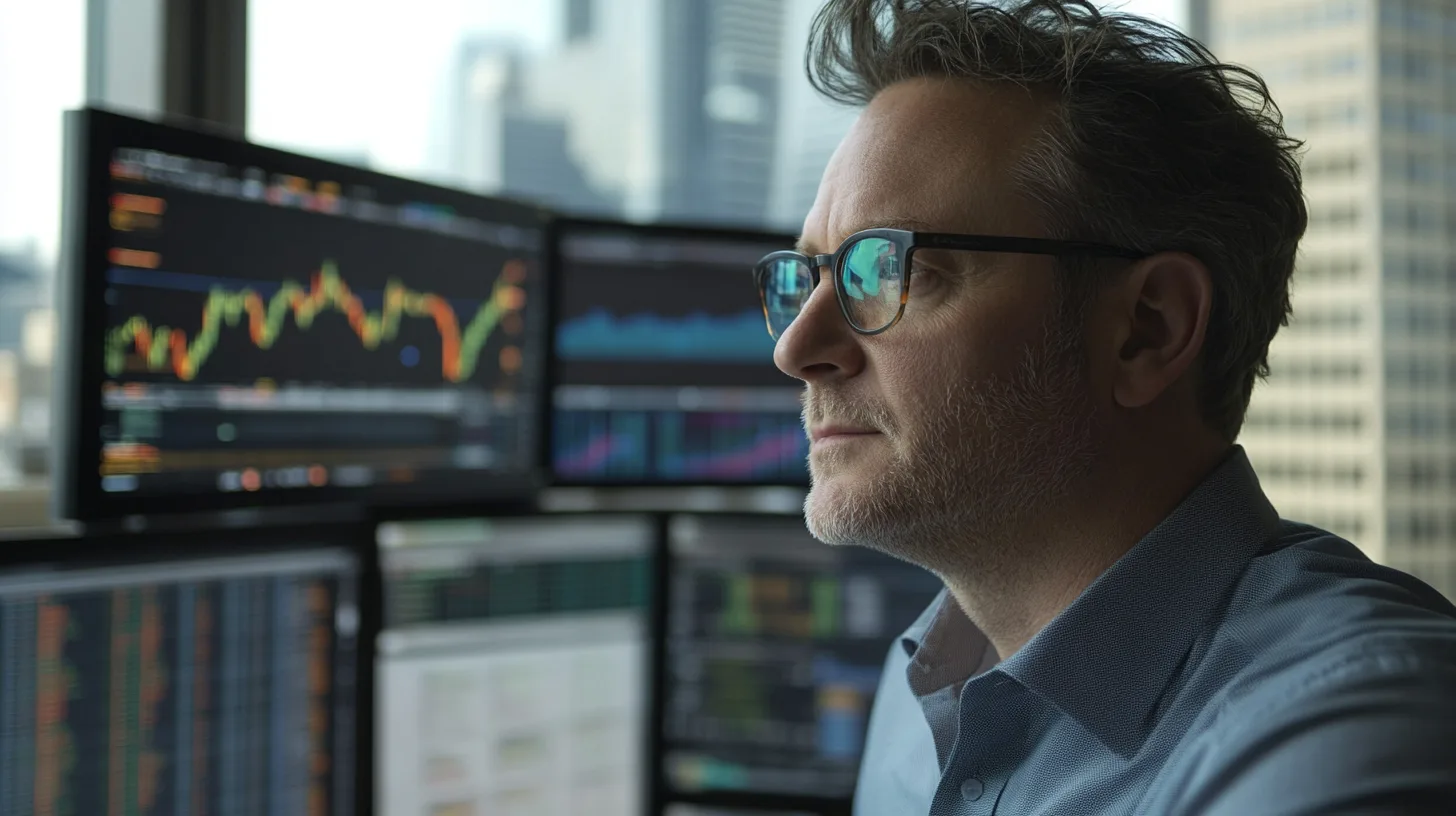 Midcent visar en fokuserad man framför flera datorskärmar med aktiegrafer och finansiell data, vilket indikerar en fördjupning i ekonomisk analys och beslutsfattande i en affärsmiljö. Ekonomi.