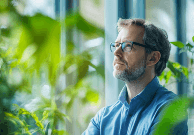 Midcent: En man blickar fundersamt mot ljuset, omgiven av frodiga gröna växter. Bilden utstrålar lugn och eftertanke, perfekt för att inspirera till meditation eller kontemplation i en naturlig miljö. Kategori: Hälsa.
