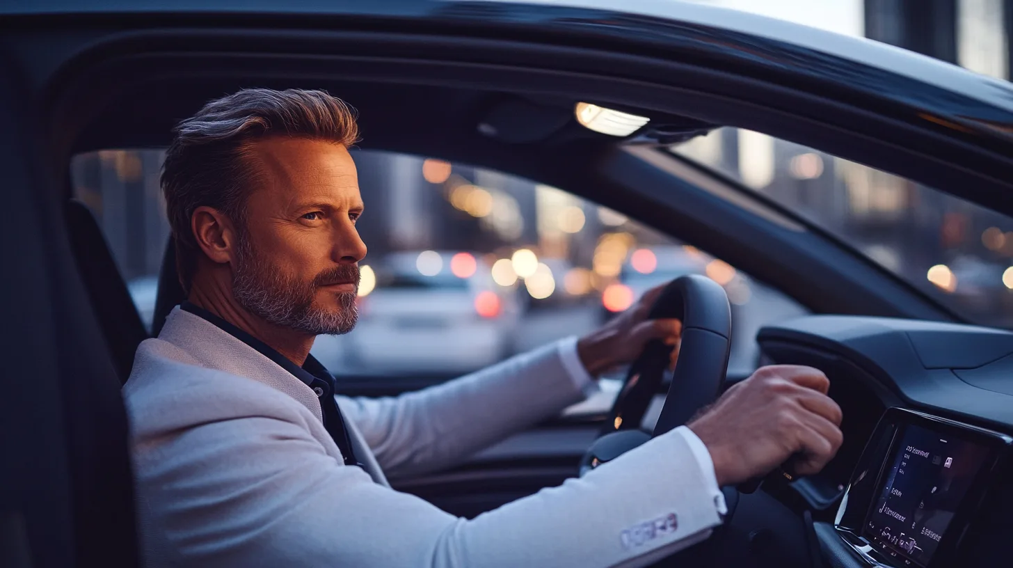 Midcent: Elegant man klädd i en ljus kavaj kör bil i stadsmiljö under skymningens mjuka ljus. Fokus på stil och modernitet, upplev harmonin av design och teknologi i urban körning. Kategori: Teknik.