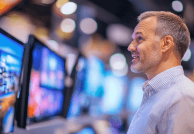 Midcent. En man tittar fascinerat på en rad TV-skärmar i en elektronikbutik. Bilden fångar teknikens lockelse och butikens moderna, ljusa atmosfär. Perfekt för att illustrera teknikens utveckling och innovation. Kategori: Teknik.