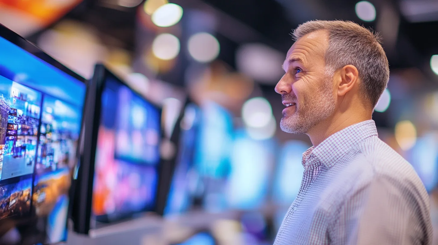 Midcent. En man tittar fascinerat på en rad TV-skärmar i en elektronikbutik. Bilden fångar teknikens lockelse och butikens moderna, ljusa atmosfär. Perfekt för att illustrera teknikens utveckling och innovation. Kategori: Teknik.