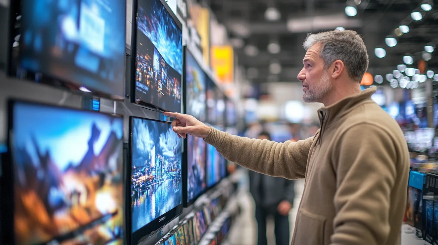 Man i butik granskar TV-skärmar för bästa kvalitet och pris. Han pekar och utvärderar sina alternativ noggrant. Perfekt för dig som älskar teknik och vill göra smarta köp. Nyckelord: TV, teknik, shopping, granskning. Midcent: Teknik.