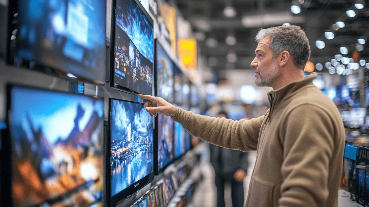 Man i butik granskar TV-skärmar för bästa kvalitet och pris. Han pekar och utvärderar sina alternativ noggrant. Perfekt för dig som älskar teknik och vill göra smarta köp. Nyckelord: TV, teknik, shopping, granskning. Midcent: Teknik.
