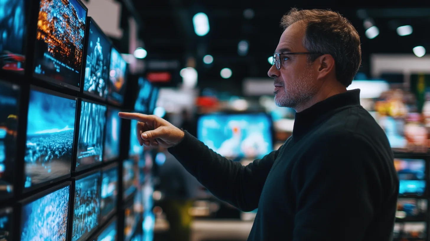 Midcent: En man pekar mot flera skärmar i en elektronikaffär, kanske för att jämföra TV-apparater. Bilden visar teknik i fokus med modern elektronikinredning. Teknik.