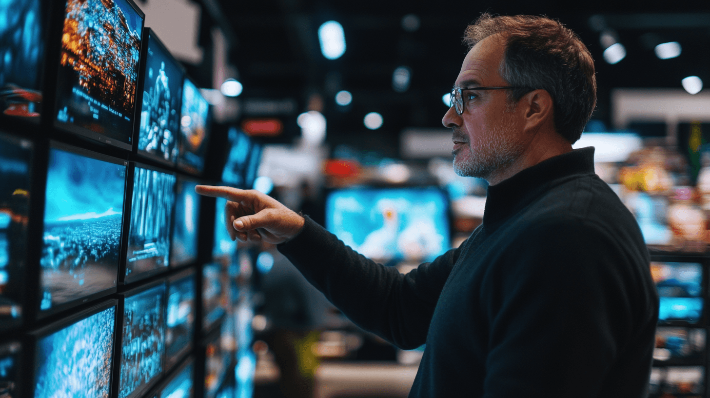 Midcent: En man pekar mot flera skärmar i en elektronikaffär, kanske för att jämföra TV-apparater. Bilden visar teknik i fokus med modern elektronikinredning. Teknik.