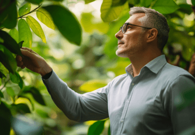 Man utforskar gröna växter, omgiven av lummig natur. Hans blick är fokuserad och lugn. Bilden fångar en stilla stund i en grön miljö. Midcent - Natur.