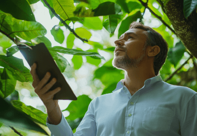 Man i vit skjorta, Midcent, analyserar blad i frodig skogsmiljö med en digital enhet i handen. Fokus på hållbarhet och teknologi i naturresurshantering. Kategori: Teknik.