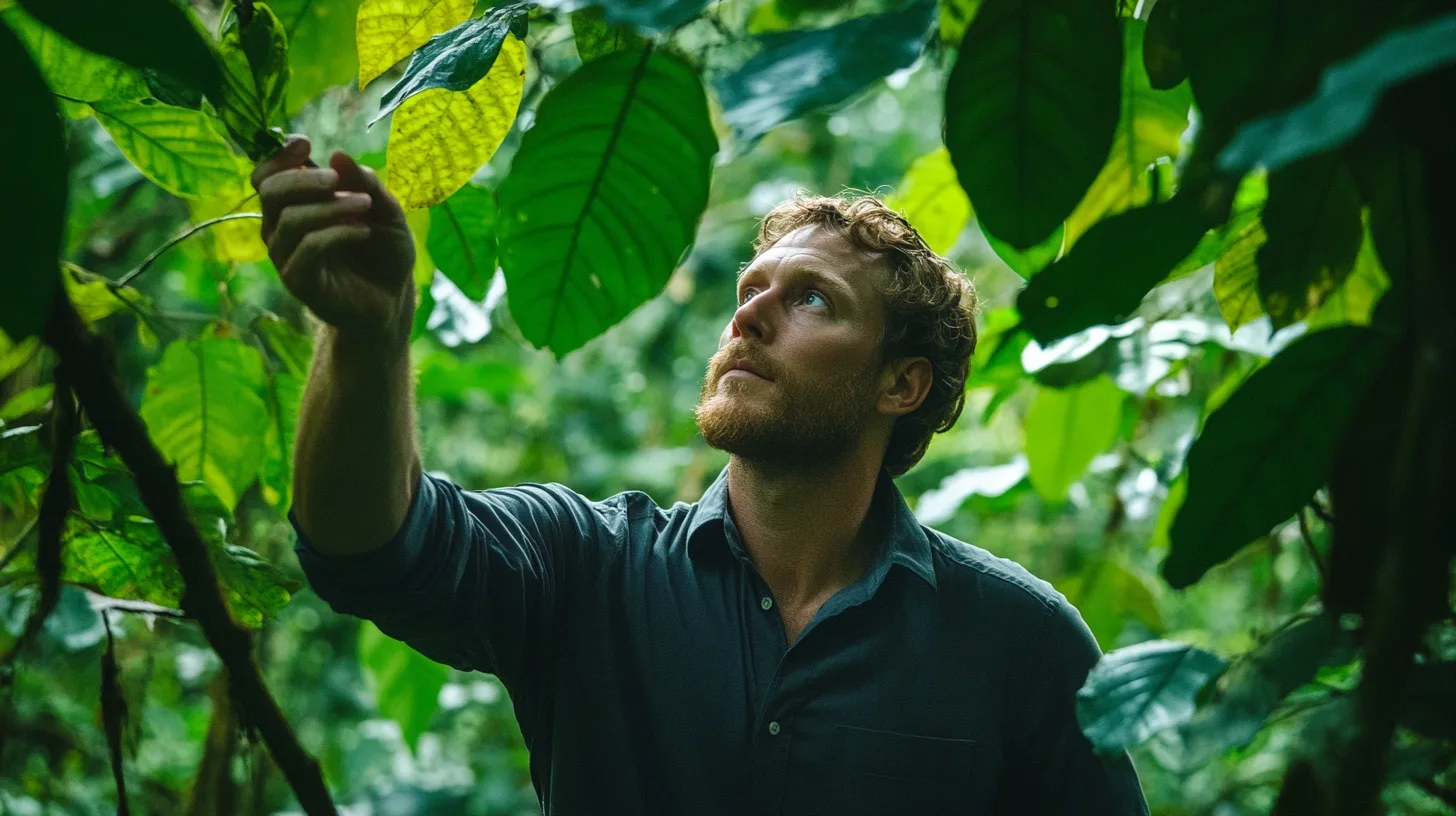 Midcent: Entusiastisk person utforskar frodig grönska i en djungel, omgiven av stora löv. Stämningen är nyfiken och äventyrlig, vilket framhäver naturens överflöd och skönhet. Perfekt för dem som älskar att utforska naturen. K