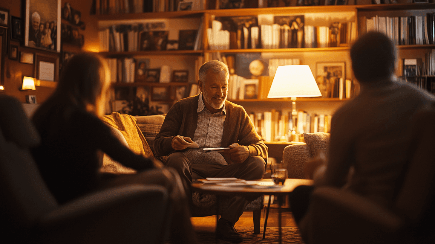 Midcent: En familjesammankomst i ett varmt upplyst vardagsrum, där en äldre man och hans vänner delar minnen omgivna av böcker och fotografier. Harmonisk atmosfär perfekt för att skapa band och dela historier. Kategori: Samhälle.