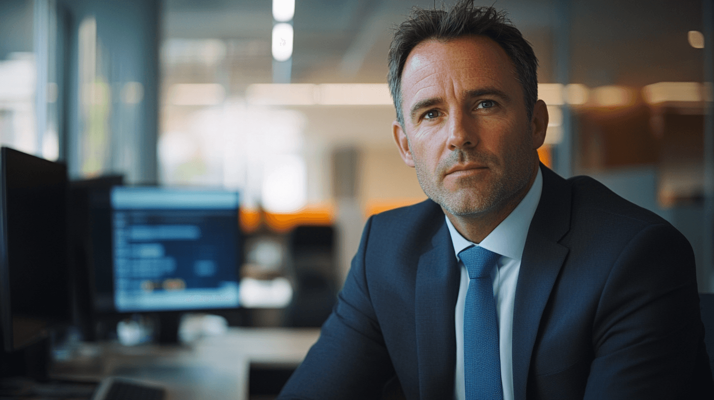 Affärsman i kostym sitter på kontor, omgiven av datorer. Hans uttryck är fokuserat och professionellt, vilket signalerar ledarskap och beslutsamhet. Perfekt för företag och entreprenörskap. Midcent. Kategori: Ekonomi.