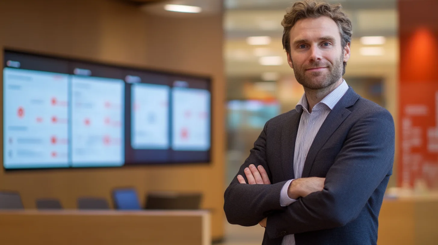 En man i kostym står självsäkert i ett modernt kontorslandskap med stora skärmar i bakgrunden. Bilden förmedlar en professionell och framgångsrik atmosfär. Midcent kategori: Ekonomi.