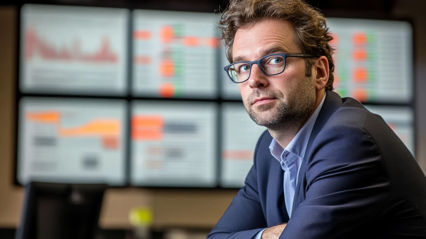 Midcent: En affärsstrateg i en modern kontorsmiljö analyserar ekonomisk data från flera skärmar. Hans blick speglas i den analyserade datan, vilket indikerar ett fokus på marknadstrender och strategisk planering. Kategori: Ekonomi.