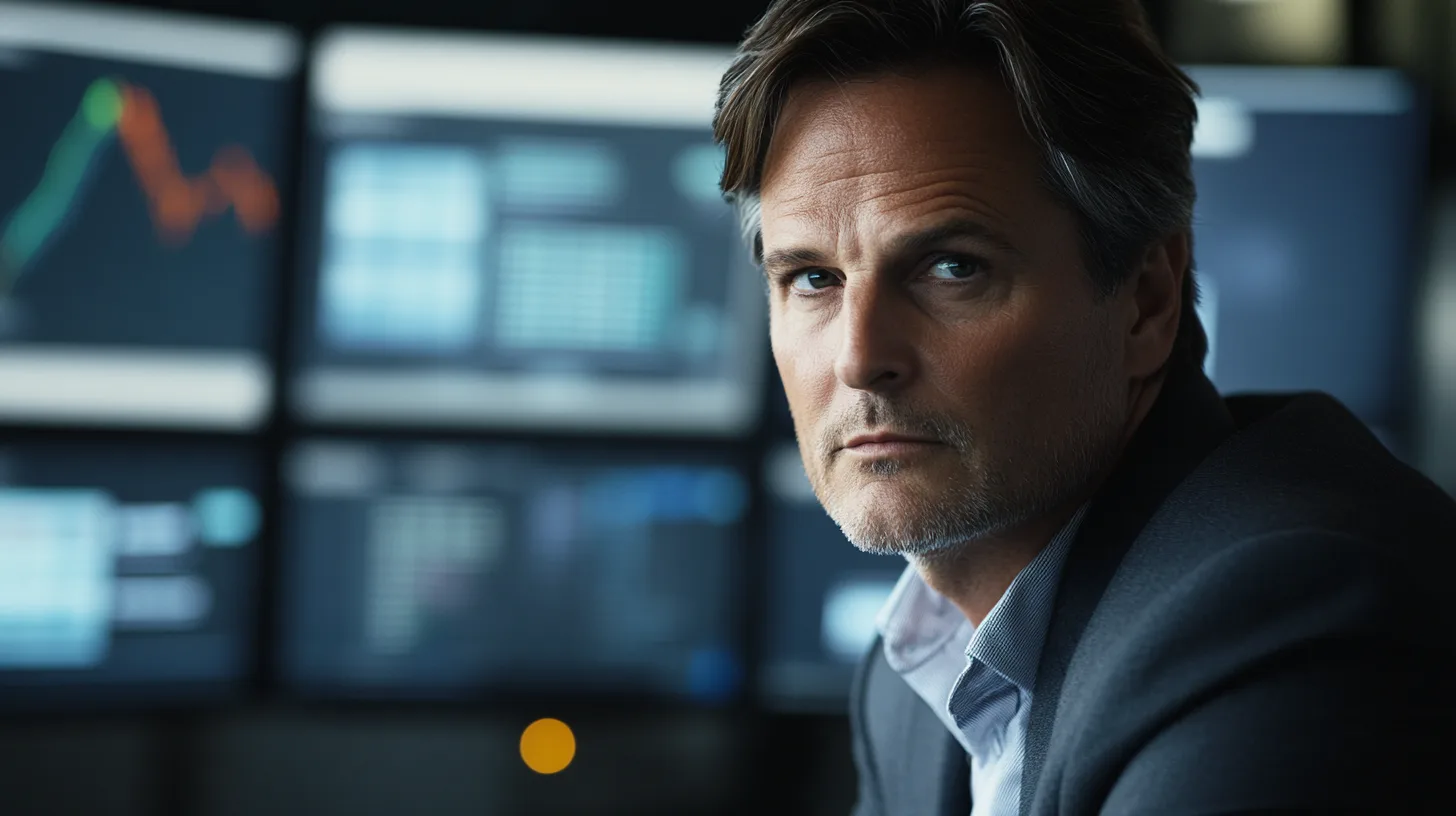 Nyckelord: Midcent, EkonomiEn affärsman studerar marknadstrender på flera skärmar, vilket framhäver fokuserad analys och finansiell strategi. Bilden speglar en professionell och dynamisk ekonomisk miljö.
