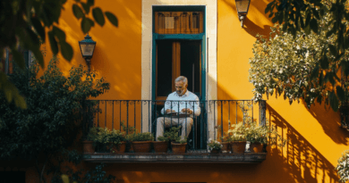 Ett lugnt ögonblick i en solig trädgård med en äldre man läsande på en balkong omgiven av växter. Perfekt plats för avkoppling och njutning av natur. Midcent. Resa.