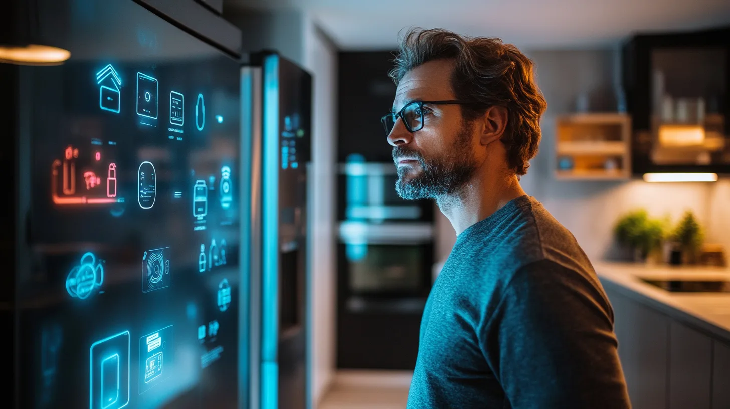 Midcent: En man i en modern köksmiljö interagerar med ett upplyst smart-kylskåp som visar digitala ikoner. Smarta hem, teknik, innovation och framtidens hushåll genomsyrar bilden. Teknik.