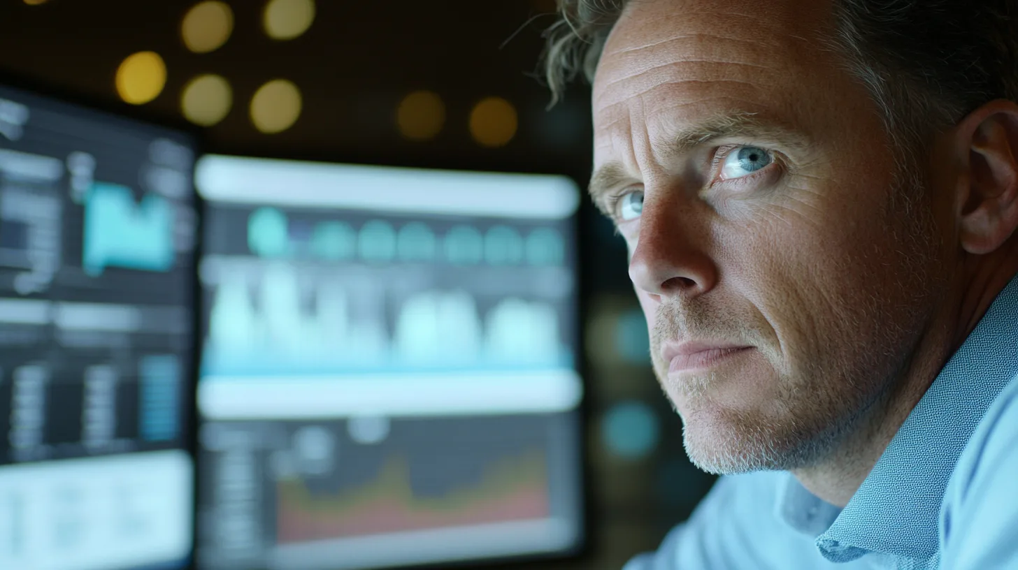 Midcent: En fokuserad person analyserar data framför flera datorskärmar, vilket understryker engagemang och expertis. Perfekt för att illustrera professionella analyser och beslutsfattande i en teknologisk miljö. Kategori: Ekonomi.