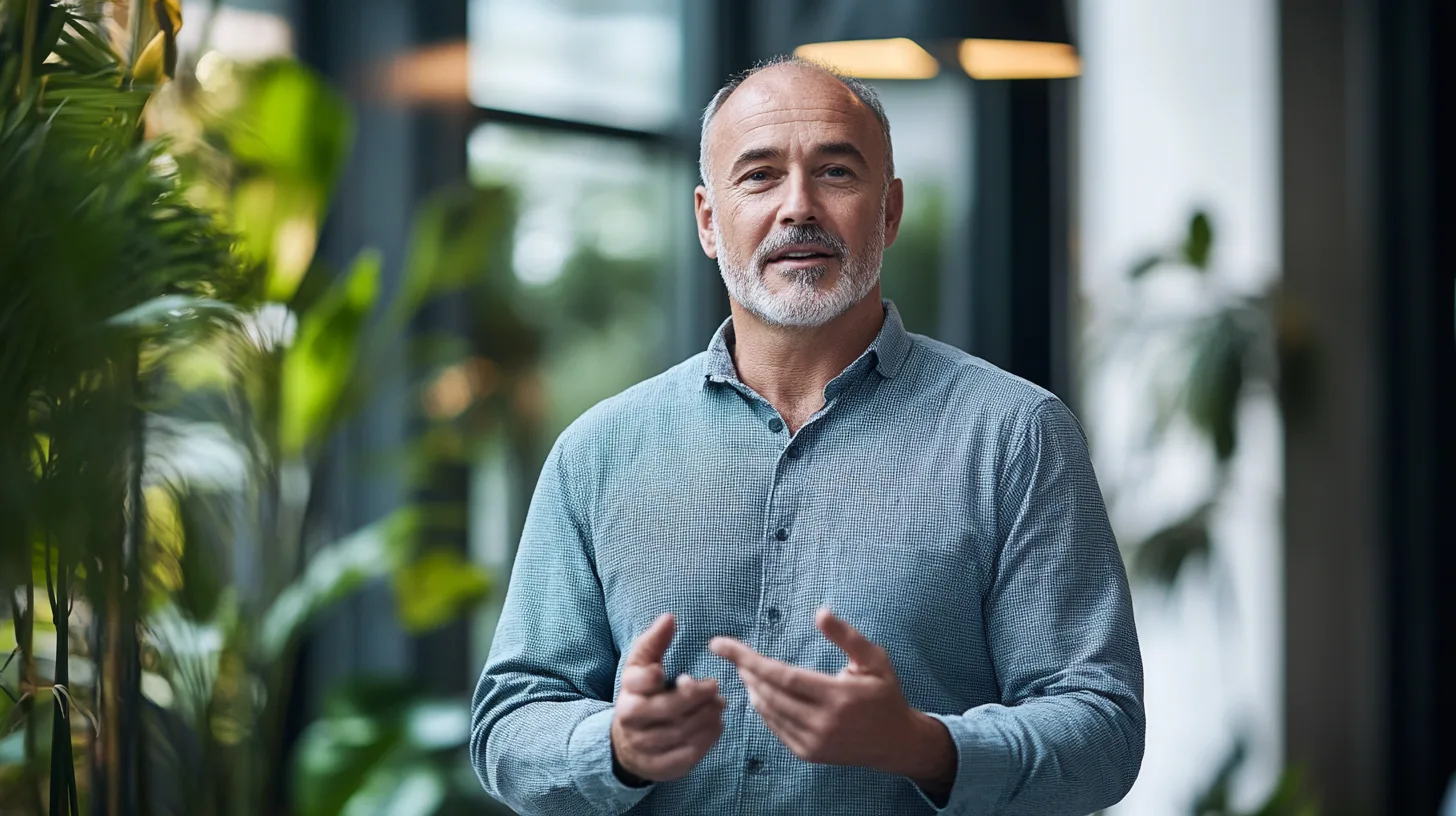 Person i kontorsmiljö, klädd i ljus skjorta, omgiven av växter. Den avslappnade atmosfären och naturliga ljuset skapar en modern och professionell känsla. Midcent. Kategori: Samhälle.