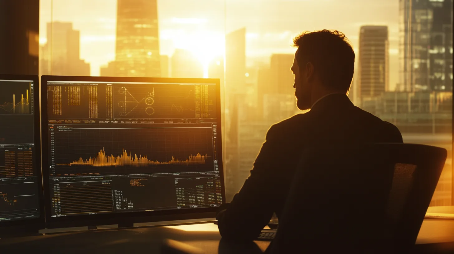 Midcent: En man arbetar vid datorer på ett kontor med solnedgång över en stad i bakgrunden, med grafer och data på skärmarna. Kategorin är Ekonomi.