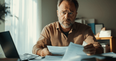 Porträtt av en man vid ett skrivbord som granskar dokument med ett bekymrat uttryck. Dator och pappersarbete i fokus. Perfekt för att illustrera ekonomiska utmaningar och arbetsmiljöer. Midcent: Ekonomi.