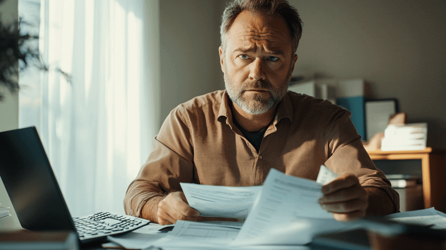 Porträtt av en man vid ett skrivbord som granskar dokument med ett bekymrat uttryck. Dator och pappersarbete i fokus. Perfekt för att illustrera ekonomiska utmaningar och arbetsmiljöer. Midcent: Ekonomi.