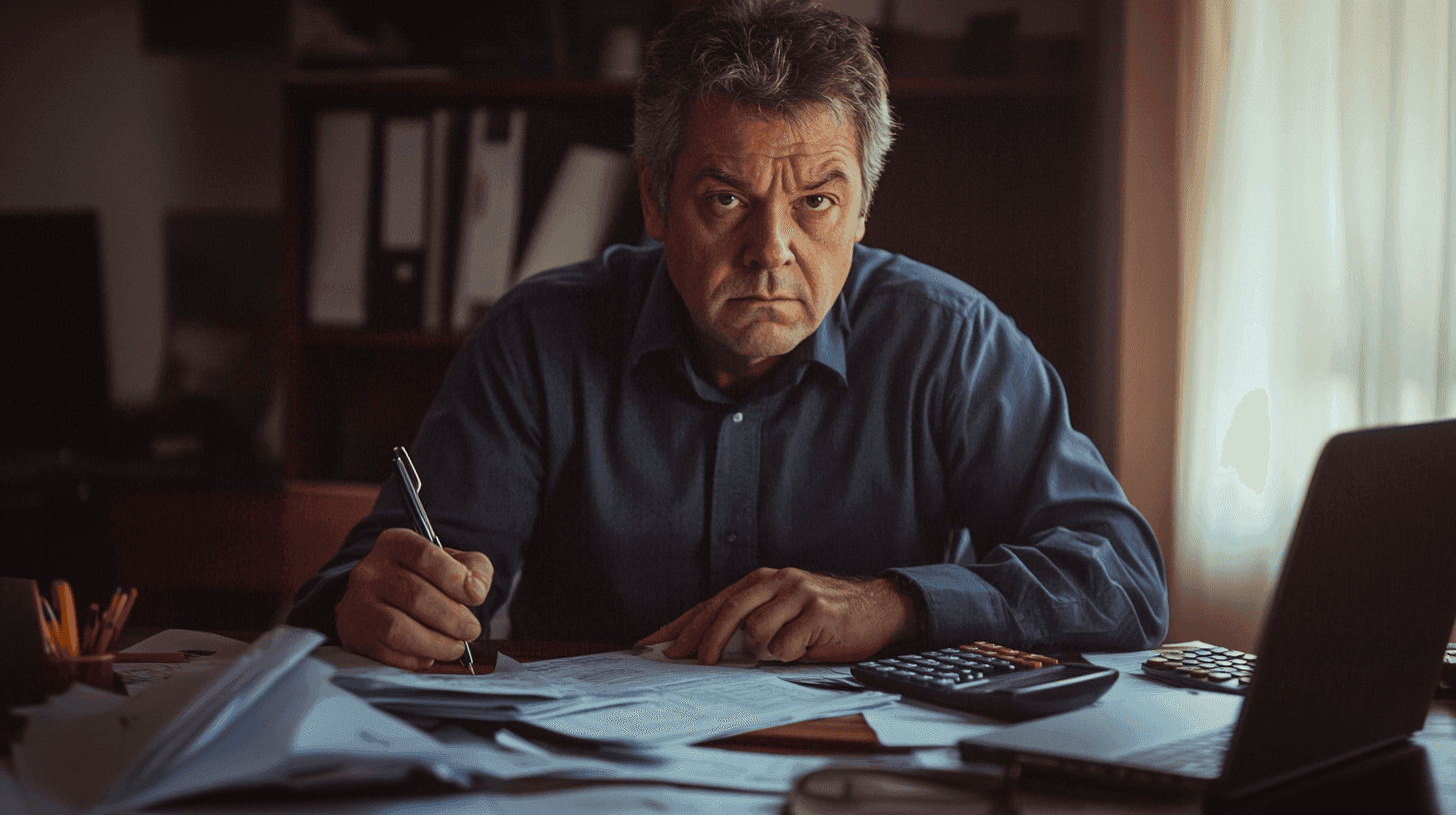 Man i ett kontorsmiljö med fokus, omgiven av papper och laptop, representerar professionellt engagemang. Perfekt för att visa produktivitet och arbetsliv. Nyckelord: kontor, arbete, fokus, affär.Midcent Ekonomi.