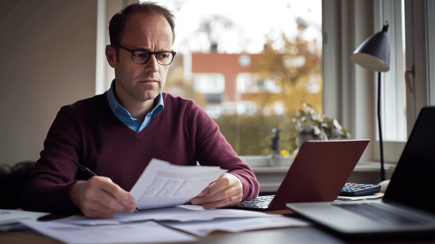 Midcent Ekonomi: En man analyserar ekonomiska dokument vid sitt hemmakontor, omgiven av bärbara datorer och en skrivbordslampa. Perfekt för artiklar om privatekonomi, budgetering och arbetsmiljö hemma.