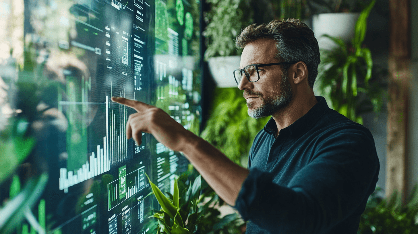 Midcent: En man använder en avancerad digital skärm för dataanalys i en grönskande miljö, vilket understryker modern teknik i ett hållbart sammanhang. Teknik.