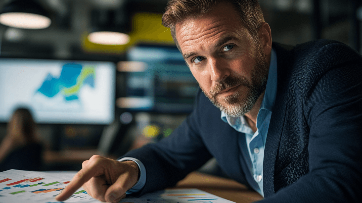 Man i kostym analyserar statistik och finansgrafer i kontorsmiljö, vilket indikerar fokus på ekonomisk tillväxt och beslutsfattande. Perfekt för företagssammanhang och investeringar.Midcent, kategori: Ekonomi.