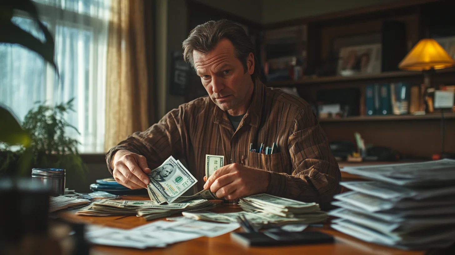 Midcent: En man sitter vid ett skrivbord och räknar pengar. På bordet ligger högar av sedlar bredvid staplar av papper, vilket förstärker temat av ekonomi och förvaltning. Bilden fångar en känsla av finansiell planering. Kategori: Ekonomi.
