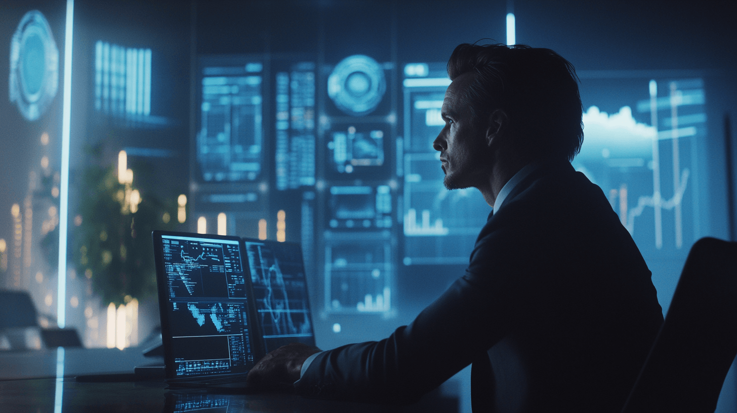 Professionell person i futuristisk miljö arbetar vid dator, full av digitala skärmar med dataanalys. High-tech atmosfär med fokus på teknikutveckling och innovation. Perfekt för företag inom digital transformation.Midcent, Teknik.