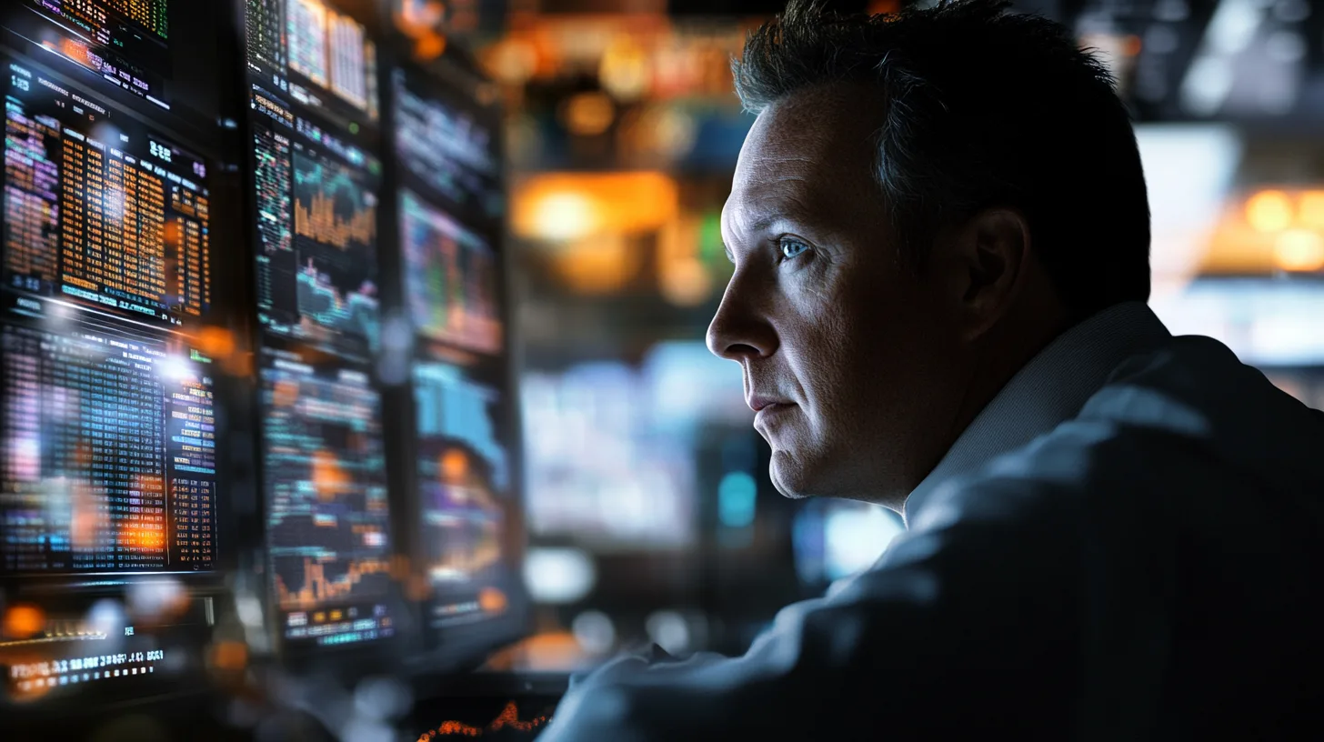 Midcent: En fokuserad man analyserar finansdata på flera skärmar i en kontorsmiljö, vilket understryker ämnet investering och aktiemarknad. Perfekt för att illustrera ekonomins pulserande dynamik. Kategori: Ekonomi.