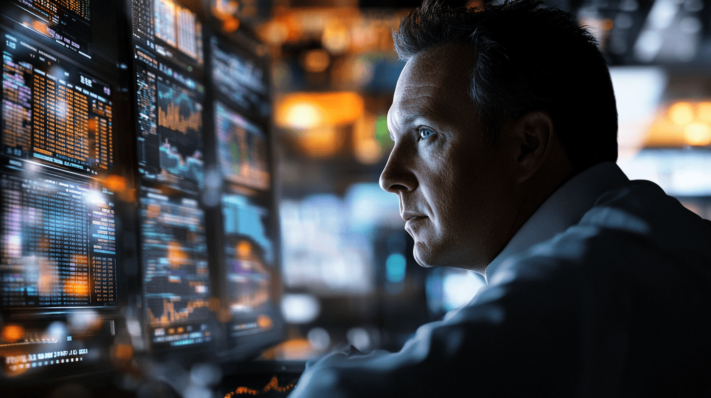 Midcent: En fokuserad man analyserar finansdata på flera skärmar i en kontorsmiljö, vilket understryker ämnet investering och aktiemarknad. Perfekt för att illustrera ekonomins pulserande dynamik. Kategori: Ekonomi.