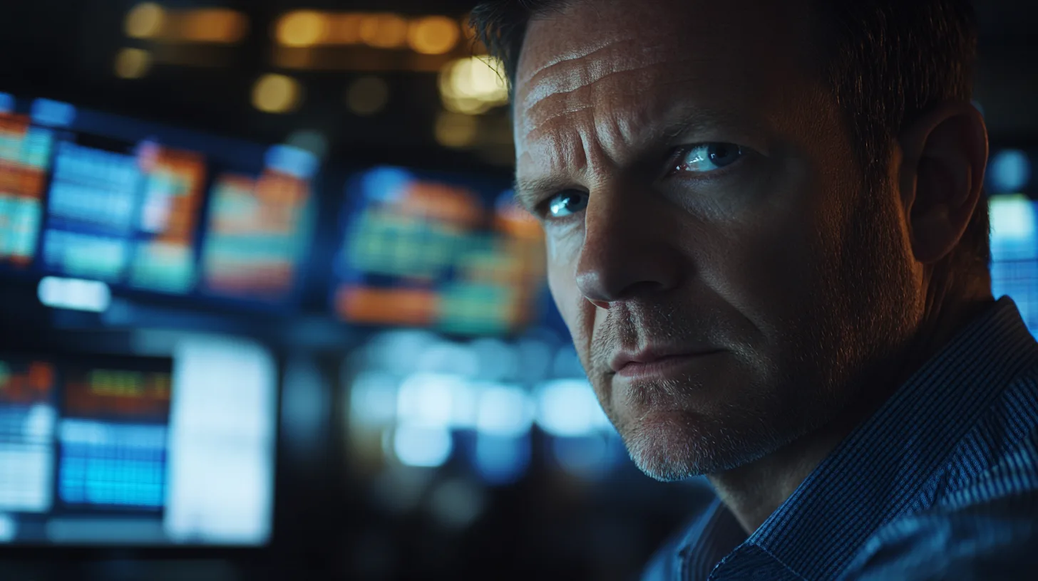 Midcent: En fokuserad man observerar aktiemarknaden på flera skärmar. Perfekt belysning betonar hans koncentrerade uttryck. Framtagen i en dynamisk och teknologisk miljö. Kategori: Ekonomi.